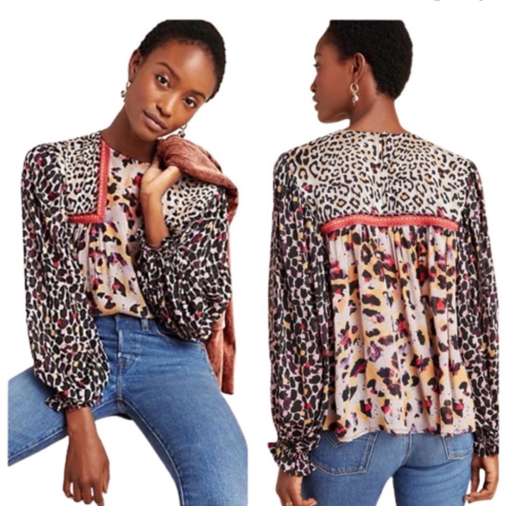 Anthropologie Bl^nk London JOELLE Leopard Print Peasant Blouse Sz S